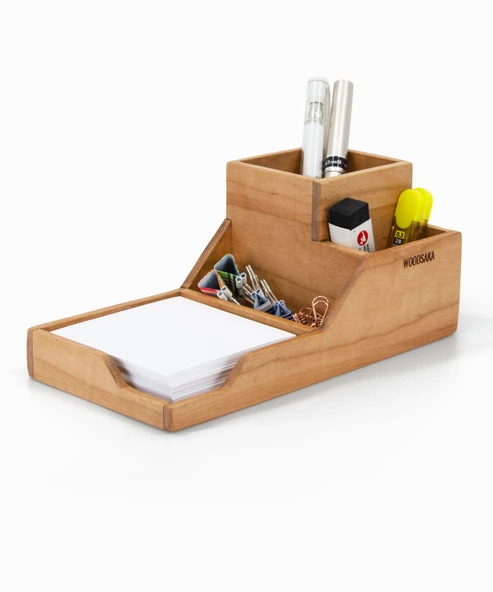 Woodsaka ProKit Çok Amaçlı Organizer - Bölümlü Kalemlik Not Kağıdı Kutusu Ataçlık Bir Arada - Model 6 - Kiraz Ağacından - 2
