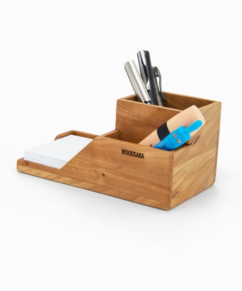 Woodsaka ProKit Çok Amaçlı Organizer - Bölümlü Kalemlik ve Not Kağıdı Kutusu Bir Arada - Model 5 - Kiraz Ağacından - 2