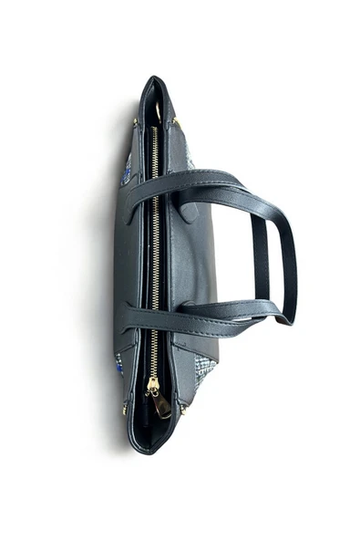 Mevo Orta Boy Deri Siyah Renkli Feermuar Desenli Kadın El ve Omuz Çantası - Resim 4