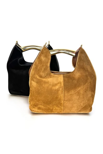 Mevo Hakiki Süet Deri Metal Tutma Saplı Siyah Renkli Kadın El ve Omuz Çantası - Resim 4