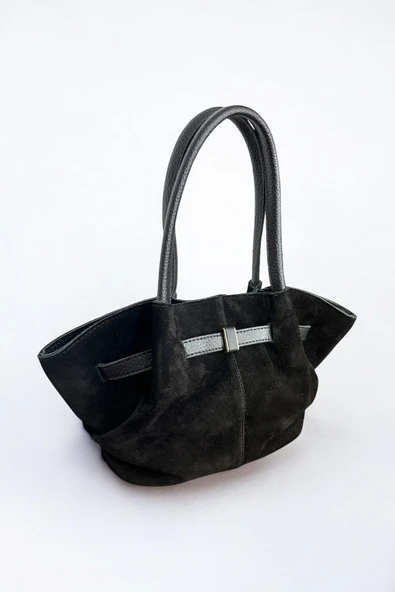 Mevo Hakiki Süet Deri Siyah Renkli Süet Saten Astarlı El ve Omuz Çantası - Resim 2