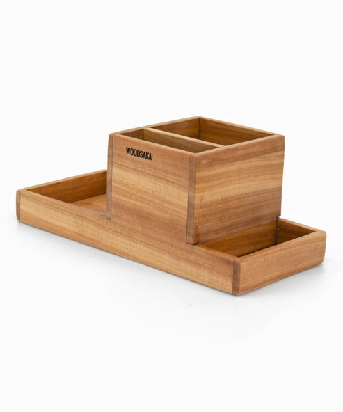 Woodsaka ProKit Çok Amaçlı Organizer - Kalemlik Not Kağıdı Kutusu Ataçlık Bir Arada - Model 2 - Kiraz Ağacından - 4
