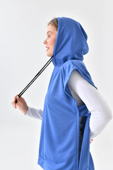İndigo Mavi Süveter Sweat Sweatshirt Düğmeli Kapüşonlu - 6
