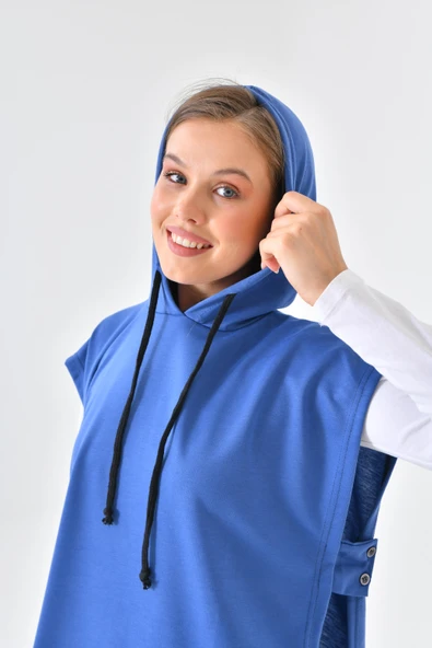 İndigo Mavi Süveter Sweat Sweatshirt Düğmeli Kapüşonlu - 2