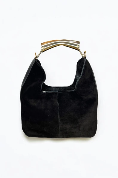 Mevo Hakiki Süet Deri Metal Tutma Saplı Siyah Renkli Kadın El ve Omuz Çantası ürün görseli