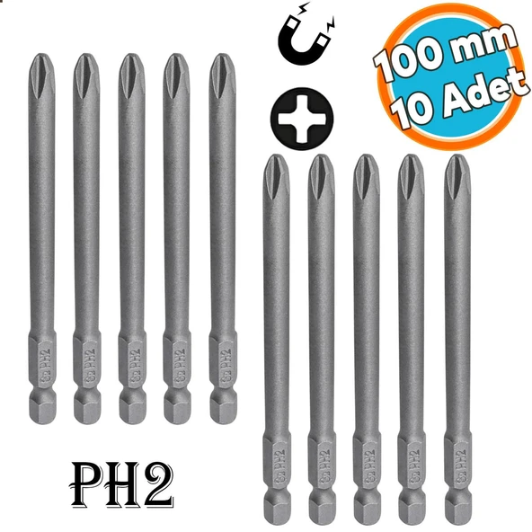 Mıknatıslı Yıldız PH2 Bits Uç 100 mm 10'lu Set Kutulu Manyetik 1/4" Matkap Ucu Vidalama 10cm Uzunluk