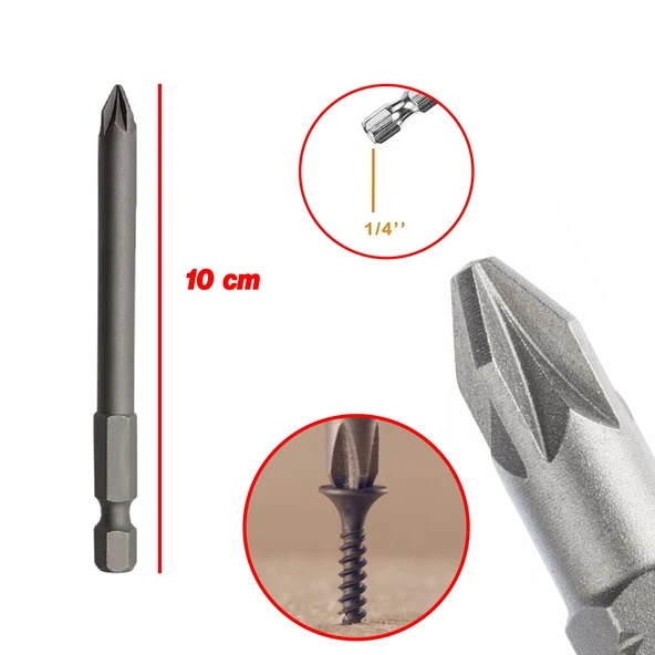 Mıknatıslı Pozidriv Bits Uç PZ2 100 mm 10'lu Set Kutulu Manyetik 1/4" Matkap Ucu Vidalama 10 cm - 3