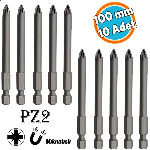 Mıknatıslı Pozidriv Bits Uç PZ2 100 mm 10'lu Set Kutulu Manyetik 1/4" Matkap Ucu Vidalama 10 cm