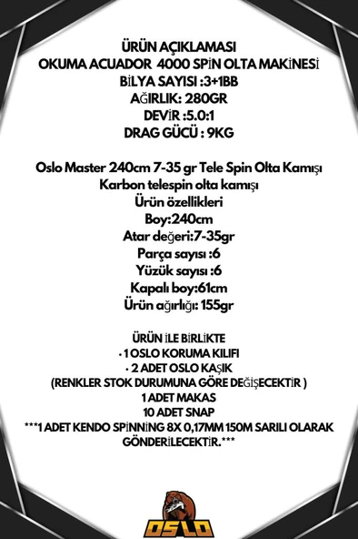 Oslo Master Telespin 240cm 7-35gr Okuma Acuador 4000 8 Örgü Spin Olta Seti - 2
