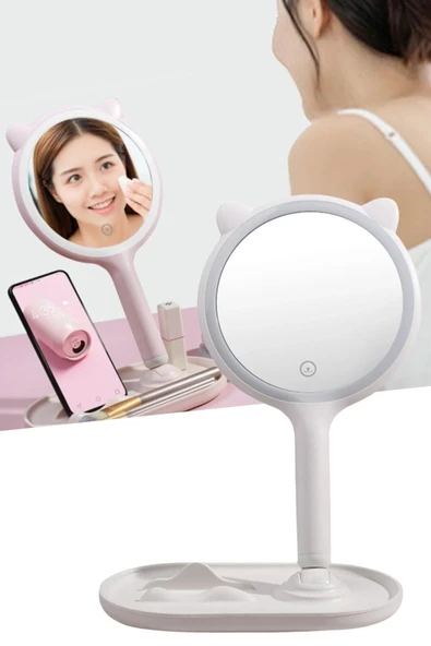 Kedi Kulaklı Telefon Standlı Yuvarlak Dokunmatik Led Ayarlı Masa Üstü Makyaj Aynası - 6