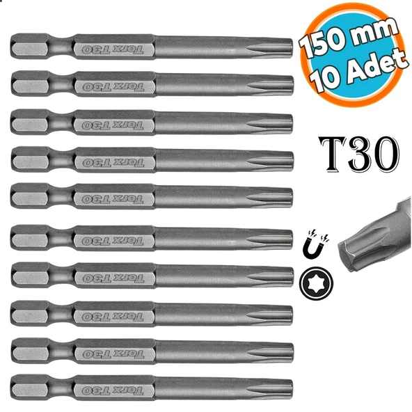 Bits Uç Mıknatıslı Torx T30 150 mm 10'lu Set Kutulu Manyetik 1/4" Matkap Ucu Tork 15 cm Uzunluk