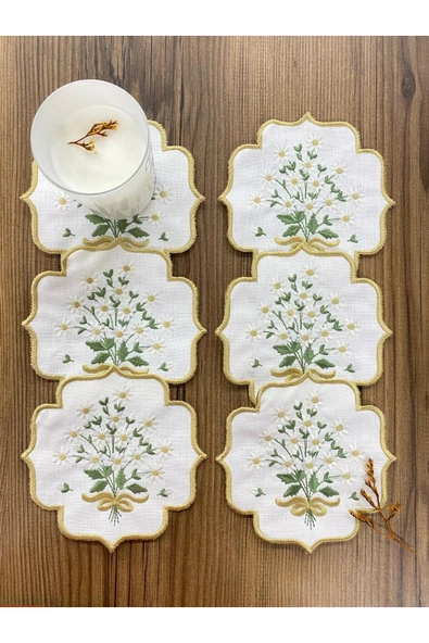 Linen Keten Gold Papatya 6'lı Kokteyl Peçetesi Sırma Nakış İşlemeli Kahve Yanı Sunumluk