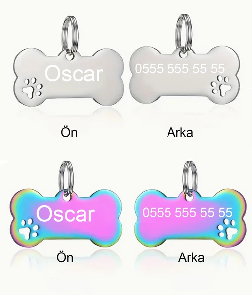 Kişiye Özel Kemik Model Patili Çelik Kedi Köpek Künyesi - 6