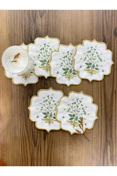 Gold Papatya 6'lı Kahve Yanı Sunumluk Peçete Linen Keten Sırma Nakış İşlemeli Kokteyl Peçetesi