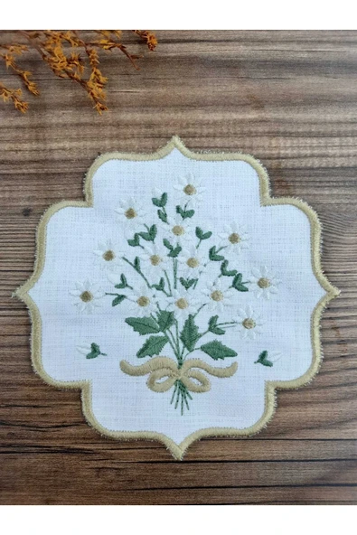 Linen Keten Gold Papatya 6'lı Kokteyl Peçetesi Sırma Nakış İşlemeli Kahve Yanı Sunumluk - 4