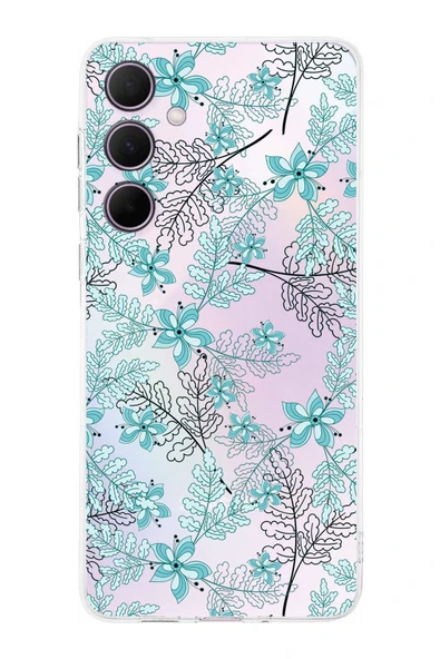 PrintiFy  Samsung Galaxy A36 ile Uyumlu Kamera Korumalı Floral Su Yeşili Tasarımlı Şeffaf Kılıf