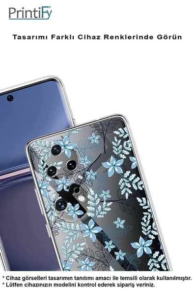 PrintiFy  Samsung Galaxy A36 ile Uyumlu Kamera Korumalı Floral Mavi Tasarımlı Şeffaf Silikon Kılıf - Resim 3