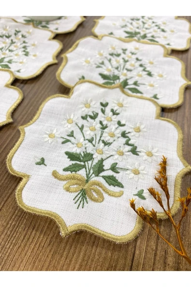 Gold Papatya Linen Keten 6'lı Kokteyl Peçetesi Nakış İşlemeli Kahve Yanı Sunumluk - 3