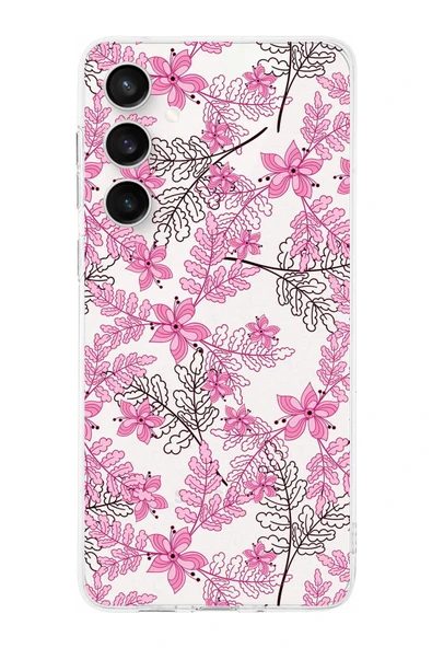 PrintiFy  S24 FE ile Uyumlu Kamera Korumalı Floral Pembe Tasarımlı Şeffaf Silikon Kılıf ürün görseli 1