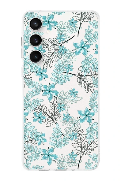 PrintiFy  S24 FE ile Uyumlu Kamera Korumalı Floral Su Yeşili Tasarımlı Şeffaf Silikon Kılıf ürün görseli 1