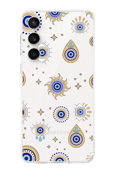 PrintiFy  Galaxy S24 Fe ile Uyumlu Nazar Boncuğu 5  Kamera Korumalı Şeffaf Silikon Kılıf