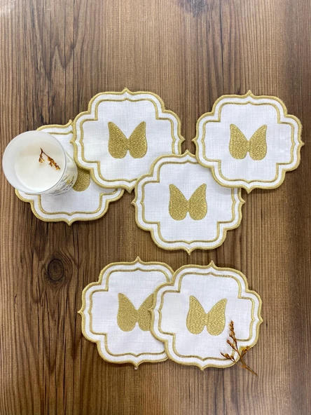 Linen Keten Gold Angel 6'lı Kokteyl Peçetesi Sırma Nakış İşlemeli Kahve Yanı Sunumluk Peçete