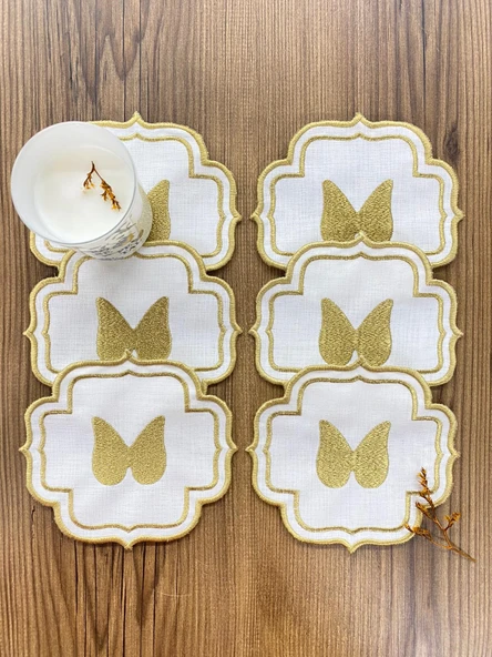 Linen Keten Gold Angel 6'lı Kokteyl Peçetesi Sırma Nakış İşlemeli Kahve Yanı Sunumluk Peçete - 2