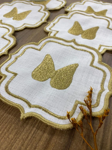 Linen Keten Gold Angel 6'lı Kokteyl Peçetesi Sırma Nakış İşlemeli Kahve Yanı Sunumluk Peçete - 4