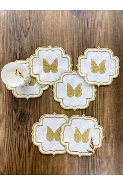 Gold Angel Linen Keten 6'lı Kokteyl Peçetesi Nakış İşlemeli Kahve Yanı Sunumluk