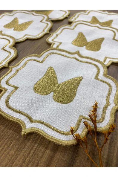 Gold Angel Linen Keten 6'lı Kokteyl Peçetesi Nakış İşlemeli Kahve Yanı Sunumluk - 4