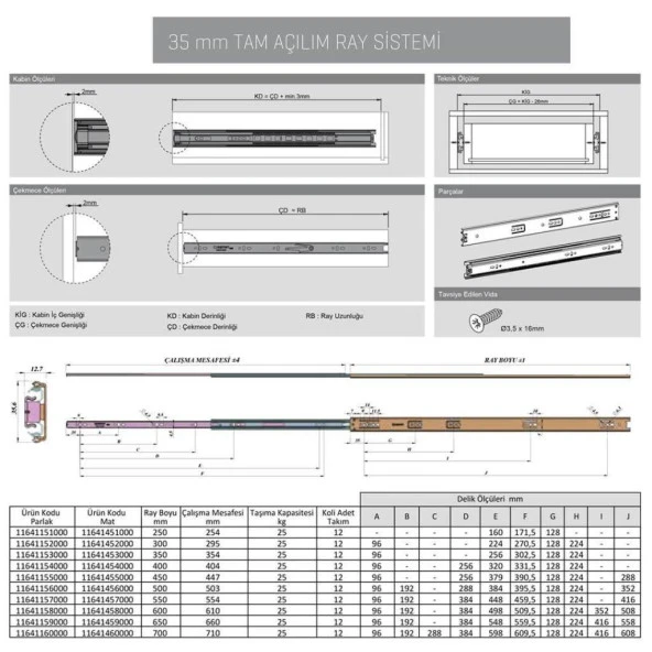 Samet Galvan Teleskopik Frenli Çekmece Rayı 35x350 - 2
