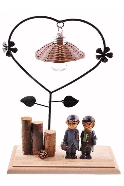 Pilli Işıklı Romantik Çift Tema Büyük Boy Dekoratif Ahşap Biblo - 8