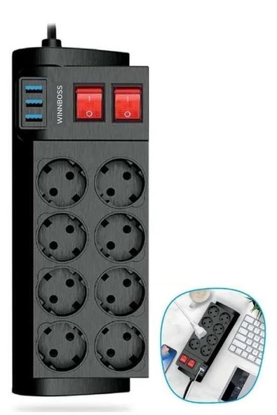 Isıya Dayanıklı Termal Akım Korumalı 2 Metre 16A 4000W 8li Priz ve 3 Usb Li Uzatma Kablosu - 2