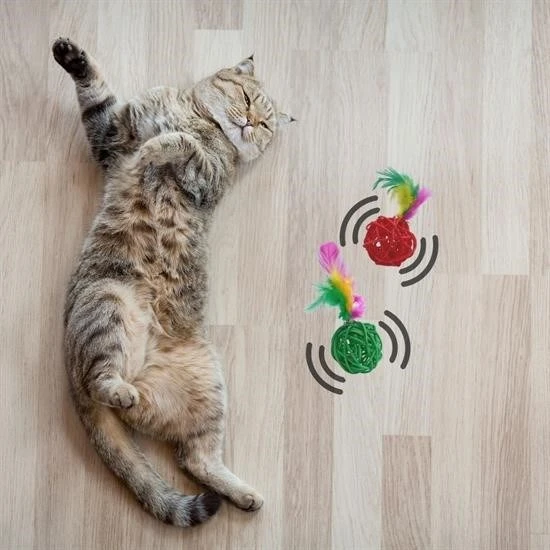 2li Rattan Renkli Peluş Tüy Kedi Köpek Oyuncak Yakalama Çiğneme Çıngıraklı Top Oyuncağı - 3