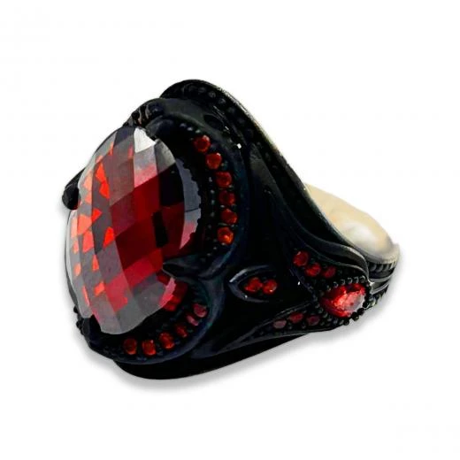 AgaKulche Gümüş Erkek Kırmızı Taşlı Lale Desen Yüzük