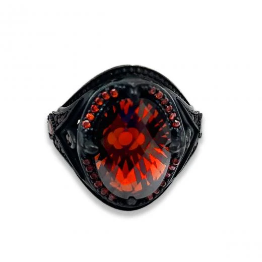 AgaKulche Gümüş Erkek Kırmızı Taşlı Lale Desen Yüzük - 2