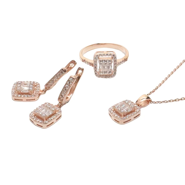 AgaKulche Baget Taşlı Gümüş Takı Seti Rose S32RB 925 ürün görseli 1