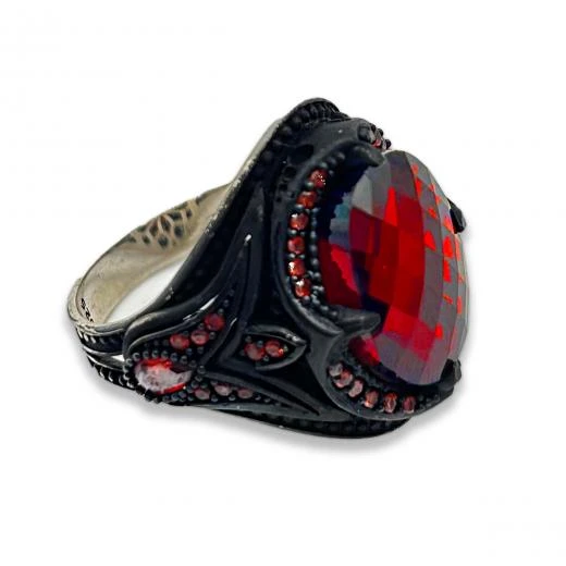 AgaKulche Gümüş Erkek Kırmızı Taşlı Lale Desen Yüzük - 3