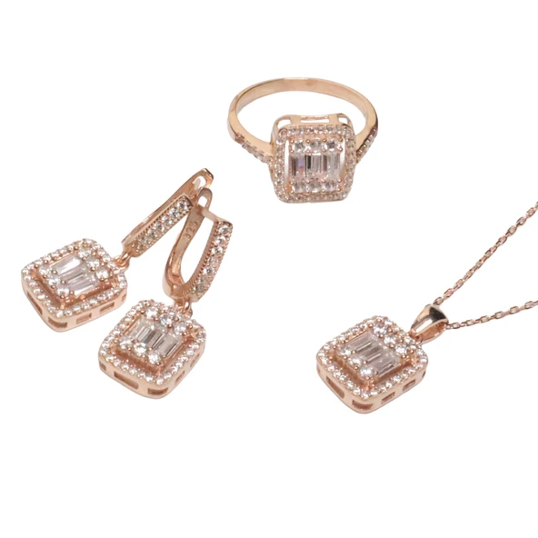 AgaKulche Baget Taşlı Gümüş Takı Seti Rose S30RB 925 ürün görseli 1