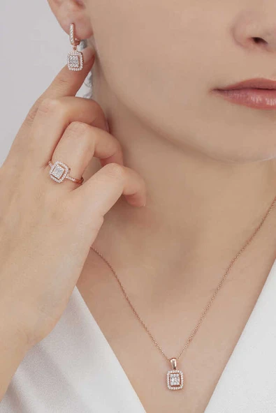 AgaKulche Baget Taşlı Gümüş Takı Seti Rose S32RB 925 - Resim 5