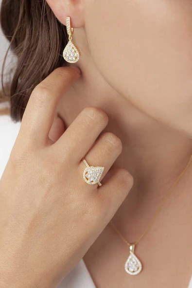 AgaKulche Damla Baget Kadın Gümüş Set Gold S52GB 925 ürün görseli 1