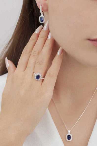 AgaKulche Baget Taşlı Gümüş Kare Model Takı Seti S6KL 925 - 5