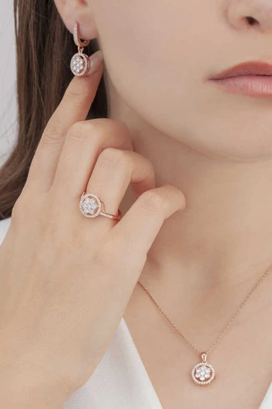 AgaKulche Tek Taş Baget Kadın Gümüş Set Rose S54RB 925 ürün görseli 1