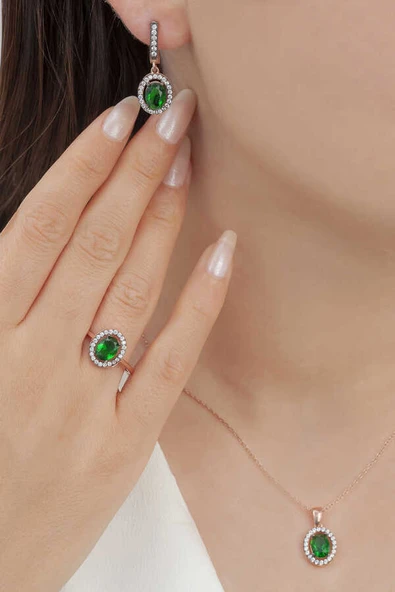 AgaKulche Oval Tasarım Gümüş Takı Seti Kalemli S102EY 925 ürün görseli 1