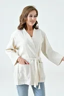 Uzun kollu kuşaklı kimono - krem - 3