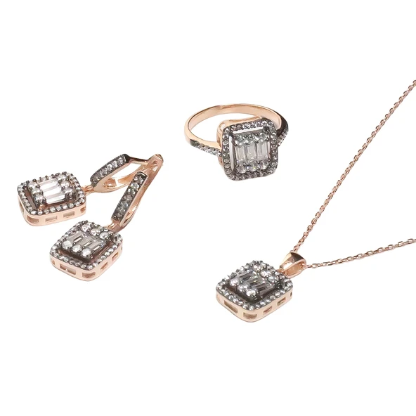 AgaKulche Baget Taşlı Gümüş Takı Seti Elmas Montür S30EB 925 ürün görseli 1