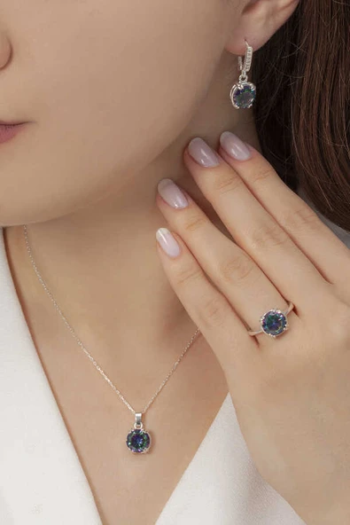 AgaKulche Mistik Topaz Tek Taş Gümüş Takı Set 925