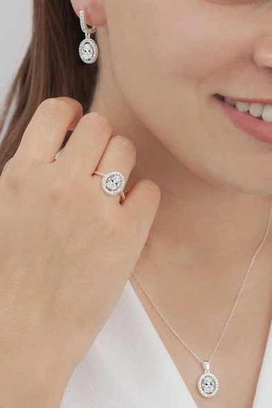 AgaKulche Oval Tasarım Gümüş Takı Seti Elmas Montür S102KB 925 - 1