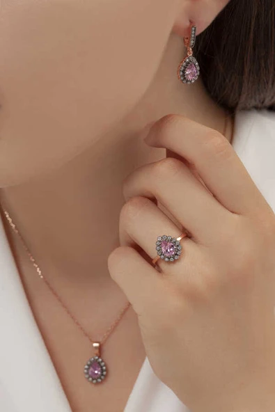 AgaKulche Damla Model Gümüş Takı Seti Kalemli S60EP 925 ürün görseli 1