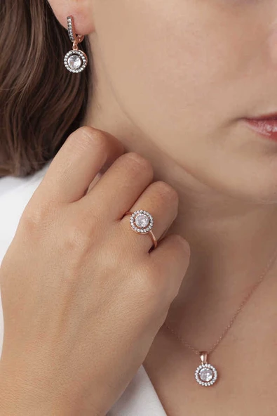 AgaKulche Tek Taş Gümüş Takı Seti Kalemli S66EB 925 ürün görseli 1